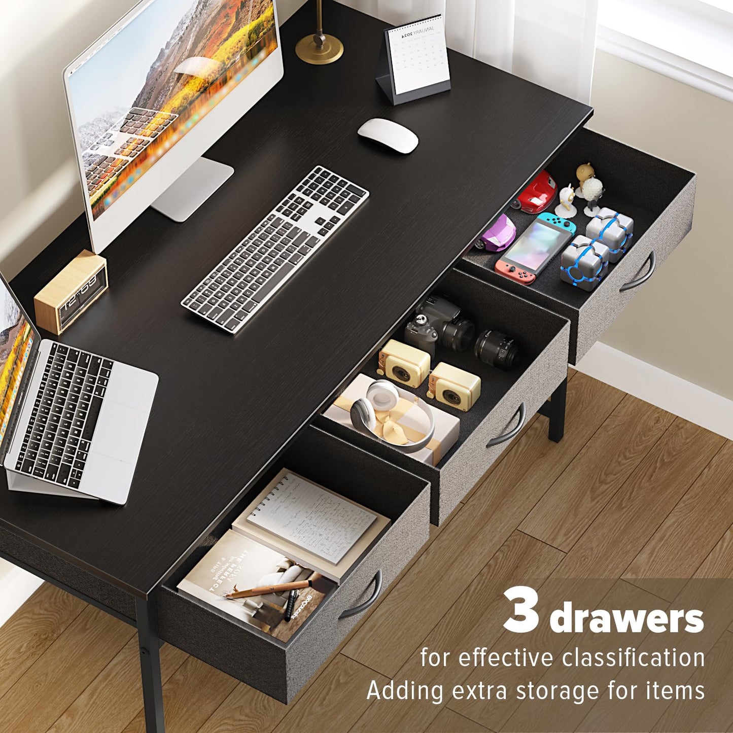 WOHOMO Computer Desk with 3 Drawers, 47.2 Inch Small Vanity Desk with Storage, Home Office Bedroom Desk for Small Spaces, Modern Work Writing Study Gaming Tables, Black