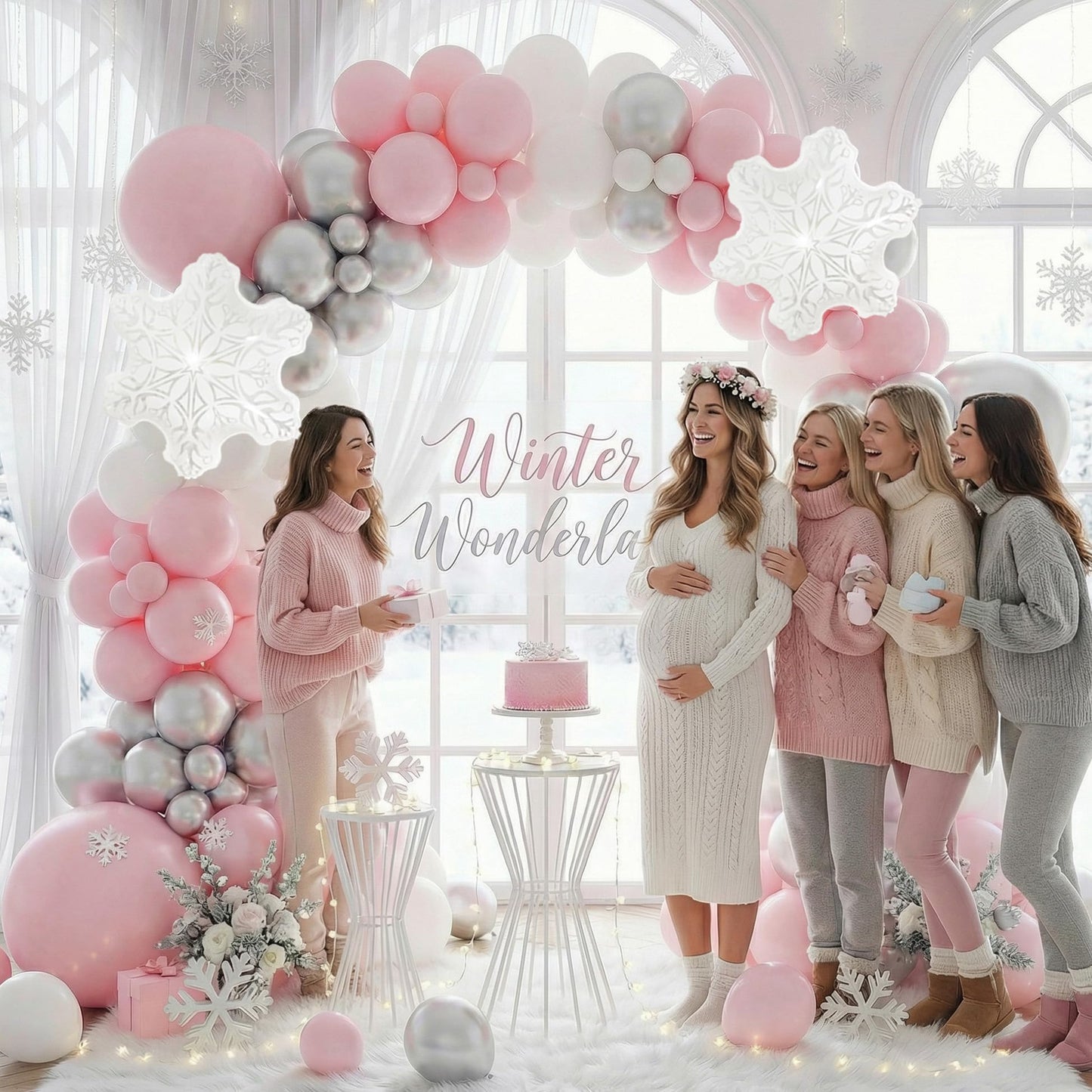 PartyXpress 144PCS Pink Winter Balloon Arch Garland Kit with White Silver Snowflake Star Balloons for Winter Wonderland Girl Baby Shower, Baby Its Cold Outside Party, Christmas Decorations