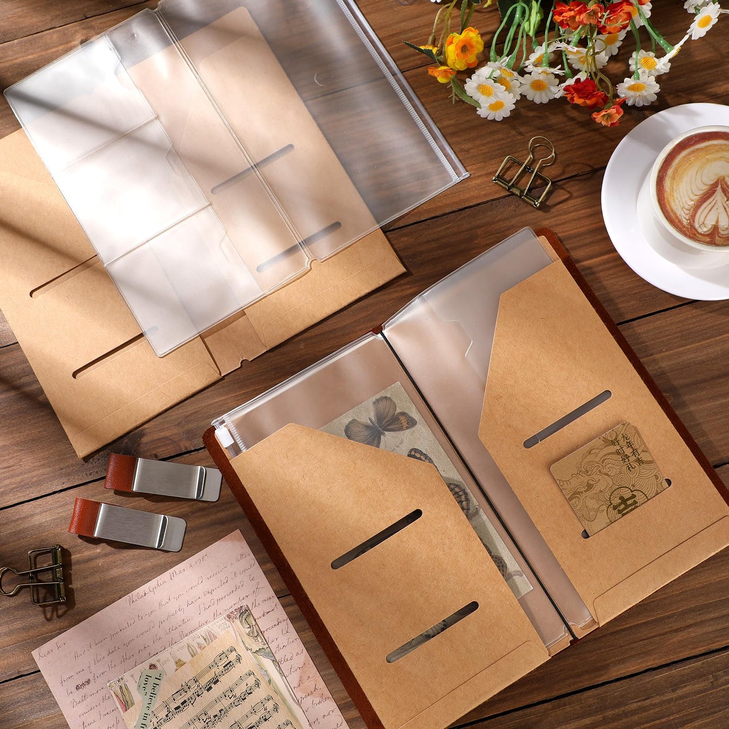 Travelers Journal Notebook Accessories Kit Include Travel Kraft File Folder, Zipper Case, Pen Holder, Binder Clip and Elastic Bands Travel Accessories Supplies(2 Pack,Standard Size)