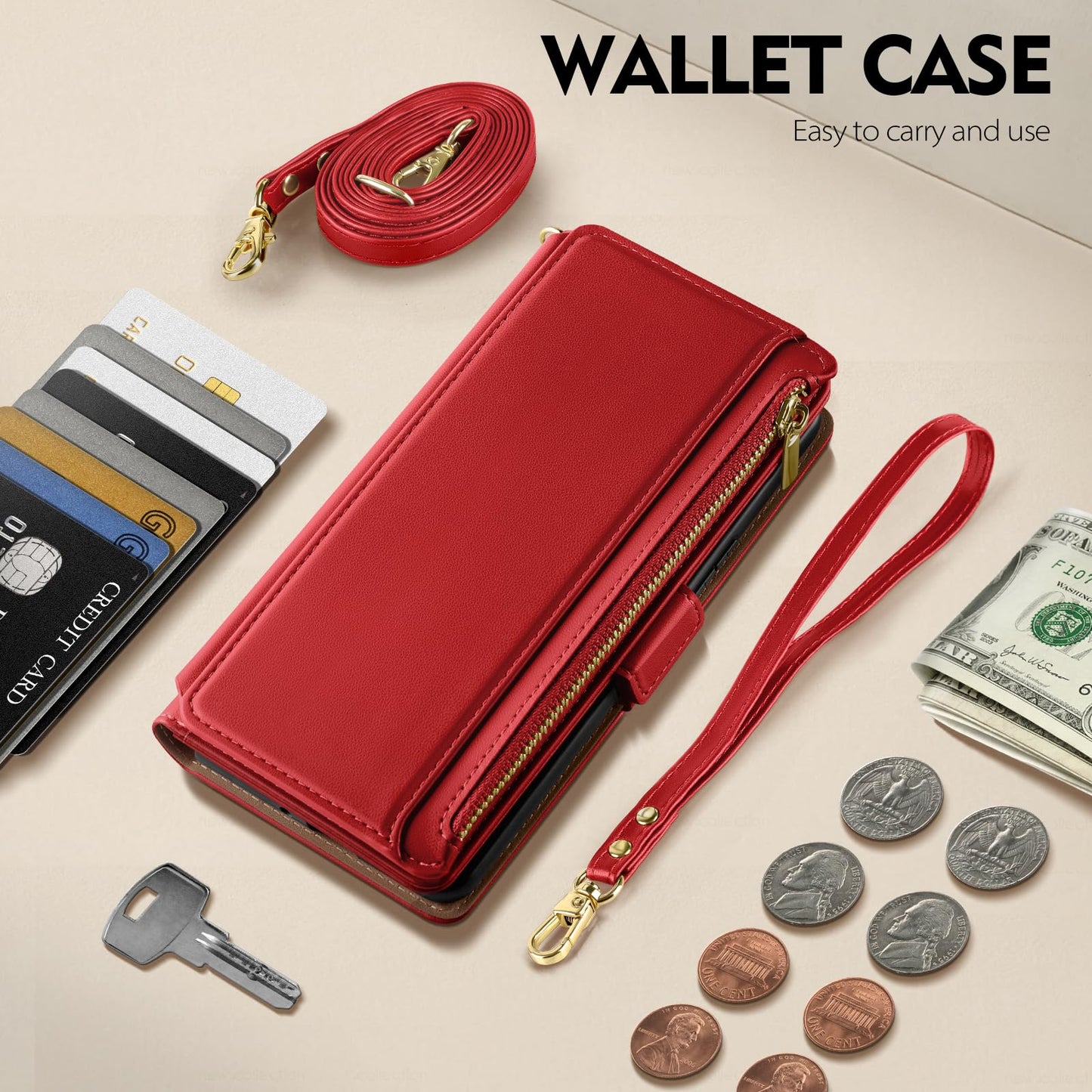 Antsturdy Compatible with iPhone 17 Wallet Case Women,RFID Blocking PU Leather Phone Case Men Kickstand Flip Folio Cover Wrist Strap Zipper Credit Card Holder Slots for Apple 17 6.3",Red