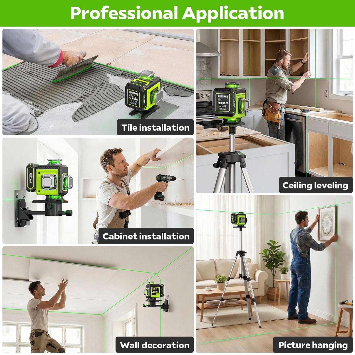 Alloyman Laser Level with Tripod, 4 × 360° Self Leveling Laser Level, Nivel Laser Green Line Lazer Leveler Tool for Picture Hanging, Home Renovation, Indoor Project, 2*Battery&Carrying Bag Included