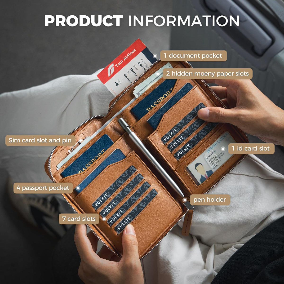 VULKIT Leather Passport Holder for 4-8 Passports Family RFID Blocking Passport Wallet with Zipper Travel Documents Organizer for Men or Women (Brown)