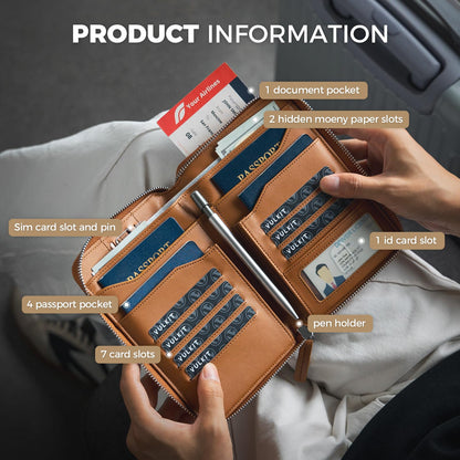 VULKIT Leather Passport Holder for 4-8 Passports Family RFID Blocking Passport Wallet with Zipper Travel Documents Organizer for Men or Women (Brown)
