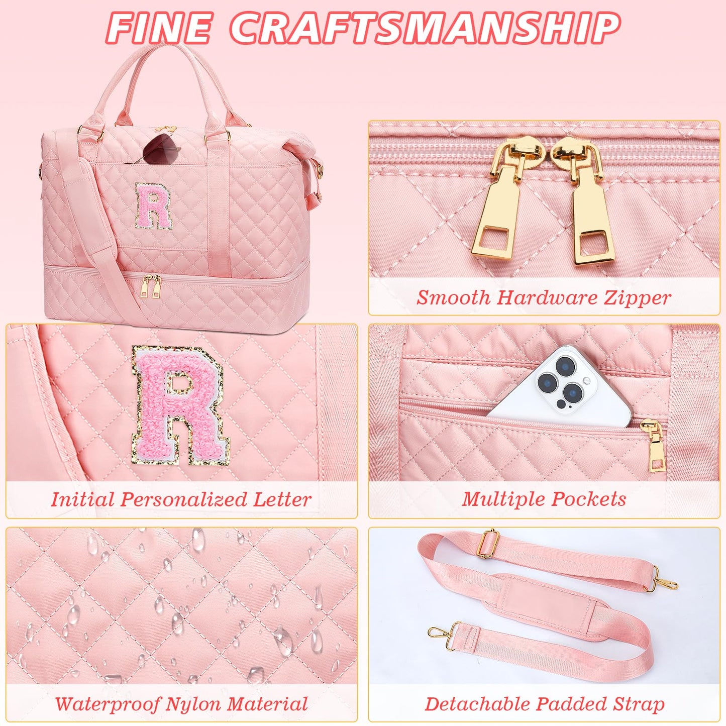 Gifts for Women Teen Girls Birthday Initial Travel Duffle Bag Quilted Weekender Bags Carry-On Overnight with Cosmetic Bag, Gym Bag with Shoe Compartment, Pink-R