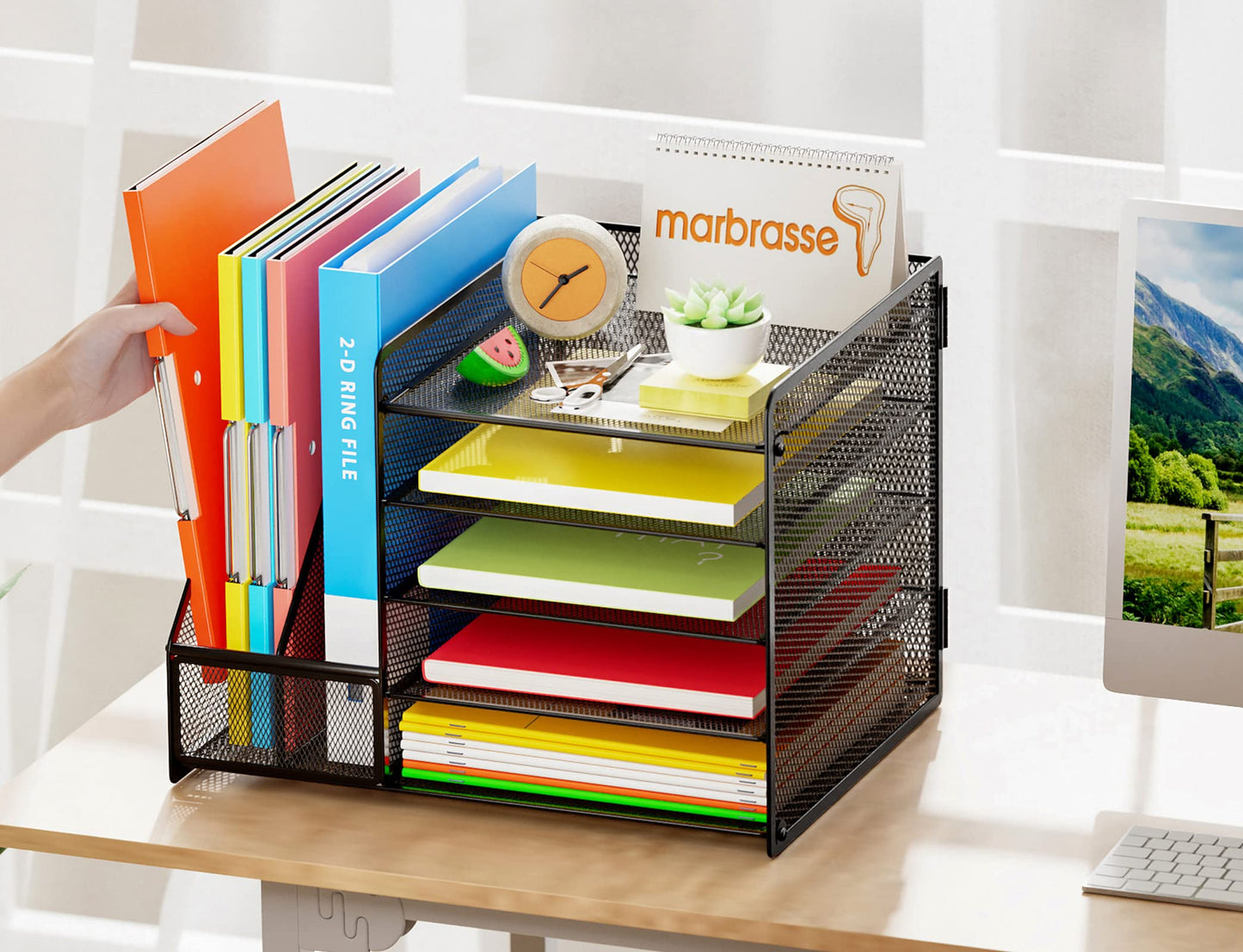 Marbrasse Desk Organizer with File Holder, 5-Tier Paper Letter Tray Organizer, Mesh Desk Organizers and Accessories with Magazine Holder, Desktop Storage for Office Supplies (Black)
