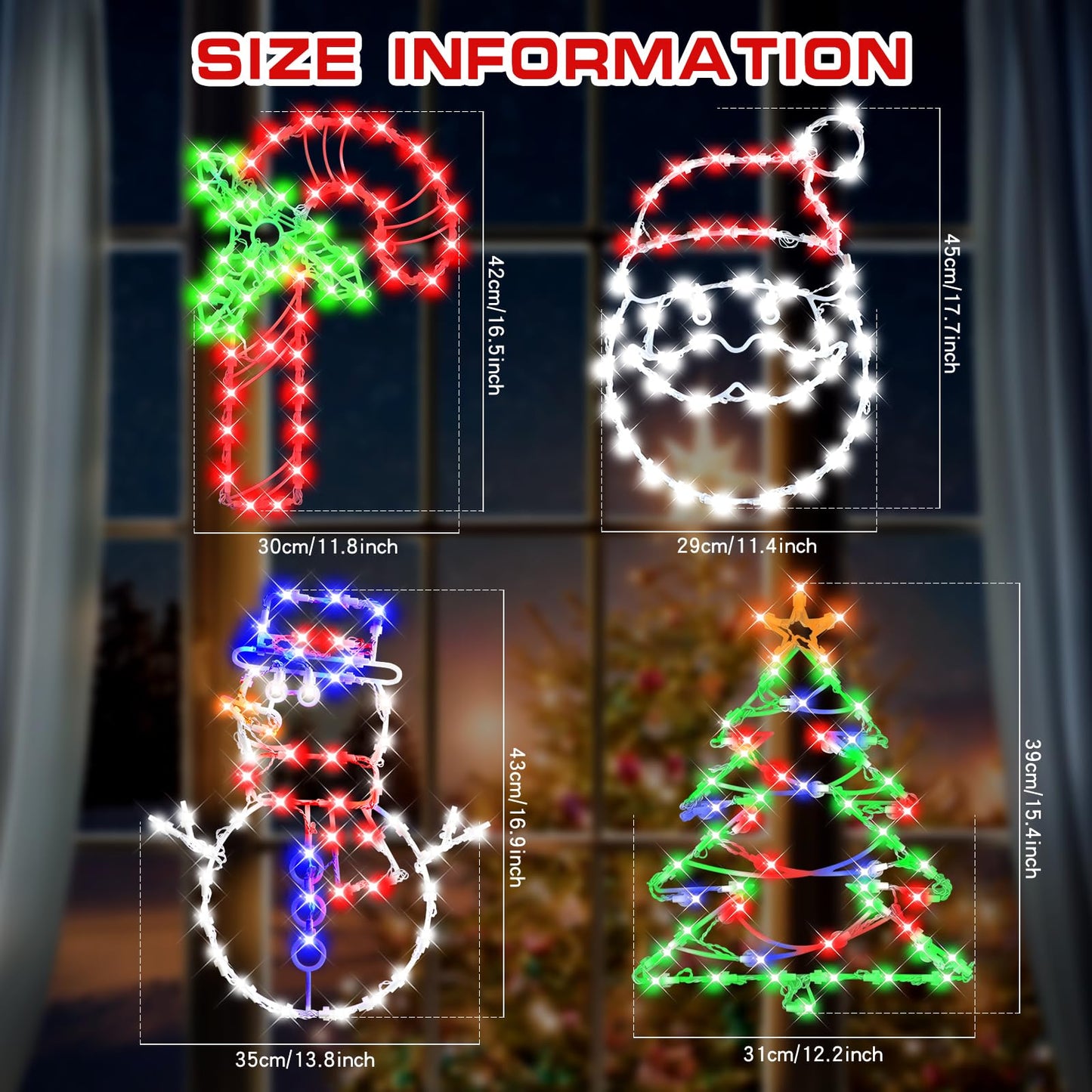 4 Pack Christmas Window Silhouette LED Lights Decorations, Santa Claus, Xmas Trees, Candy Cane, Snow Man Christmas Window Light Decorations with 50 Bulbs for Holiday Wall Door Glass Decorations