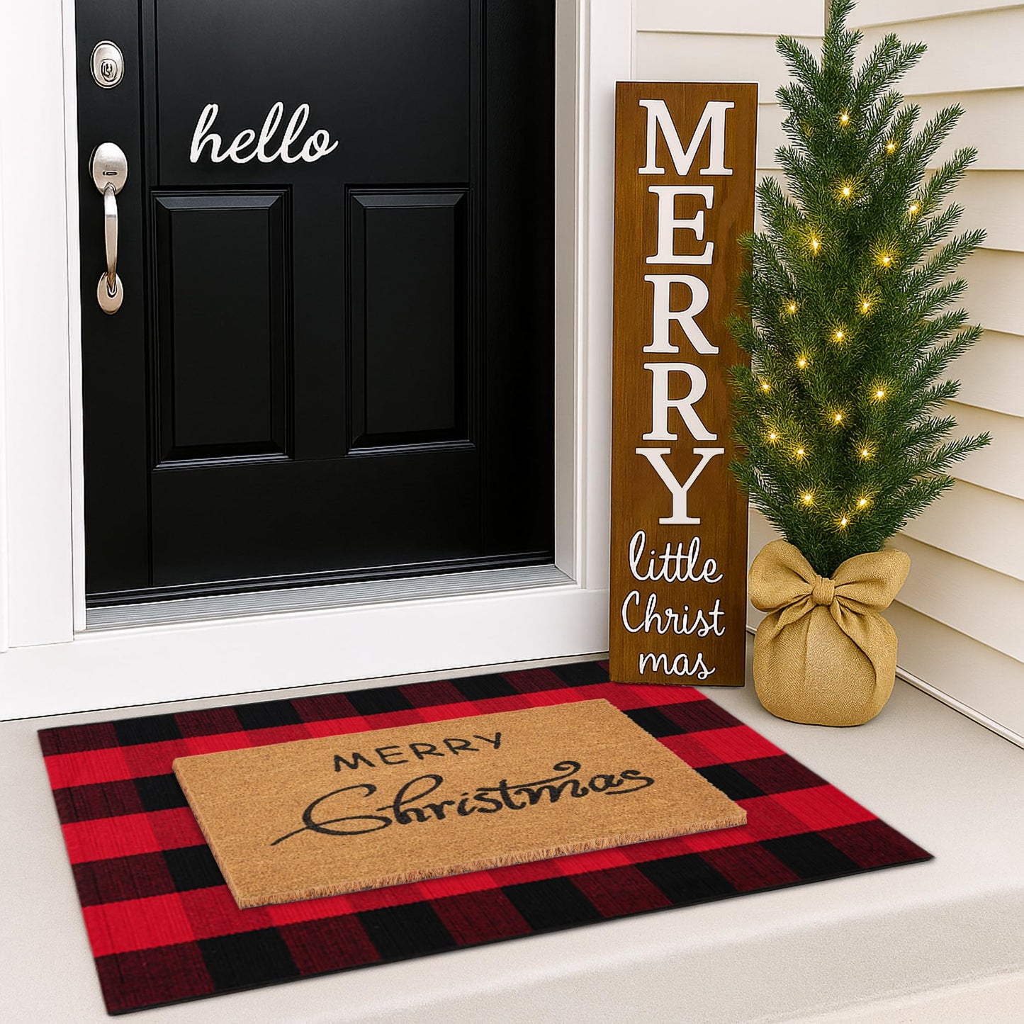 Christmas Door Mat Combo Set - 100% Coco Coir Welcome Mat + 3' x 5' Red and Black Plaid Rug, Christmas New Year Holiday Collection Doormat for Front Porch Entryway Decorative