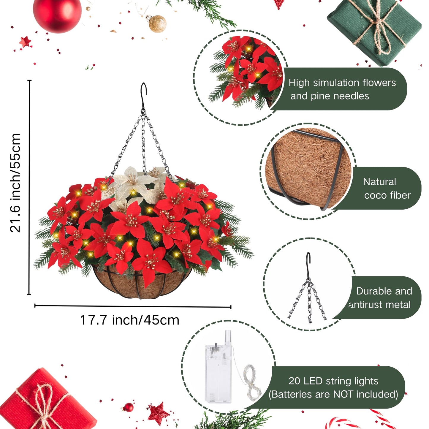 Florielle Artificial Fake Christmas Hanging Flowers Plants Basket with LED Lights, Faux Poinsettia, Pine Branches, for Outdoor New Year Xmas Decoration, Porch Home Holiday Decor (Green Pine Branches)