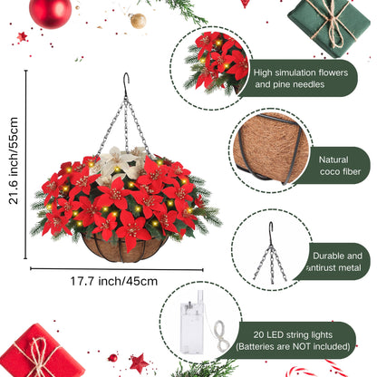 Florielle Artificial Fake Christmas Hanging Flowers Plants Basket with LED Lights, Faux Poinsettia, Pine Branches, for Outdoor New Year Xmas Decoration, Porch Home Holiday Decor (Green Pine Branches)