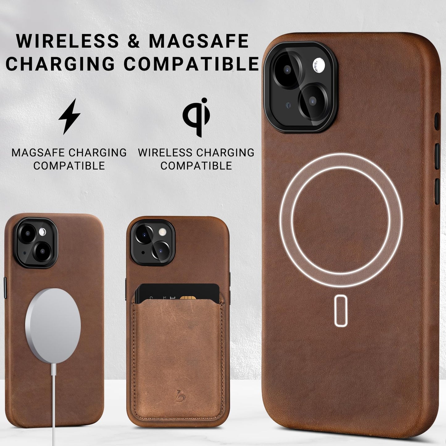 Belemay Compatible with iPhone 14 Leather Case Magsafe - Top Grain Vintage Crazy Horse Leather - Metal Buttons & Camera Bezel Bump - Slim Fit & Soft Feel - Premium Phone Cover (6.1-inch) Retro Brown