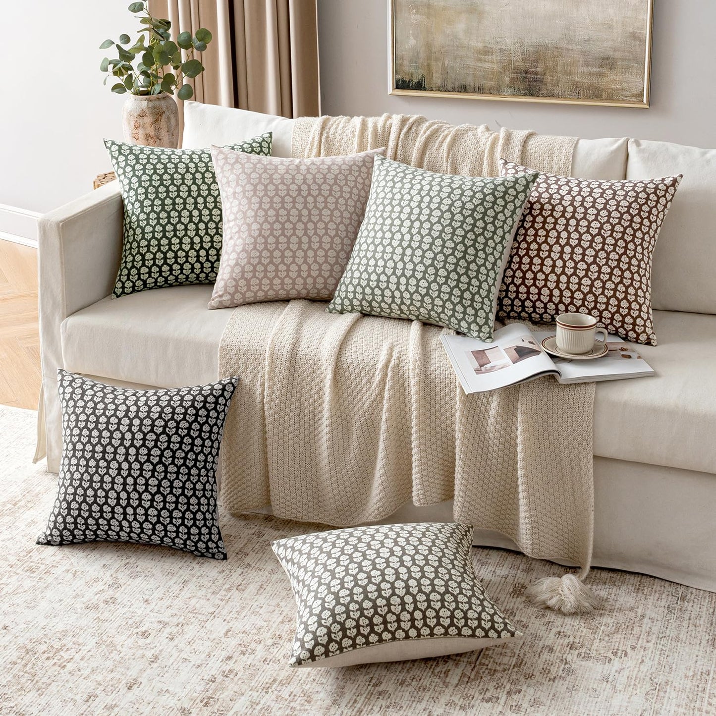 MIULEE Winter Block Print Pillow Covers 18x18 Inch Set of 2, Christmas Vintage Floral Throw Pillow Cases Neutral Linen Farmhouse Cushion Covers for Couch Sofa Bed Chair Living Room, Army Green