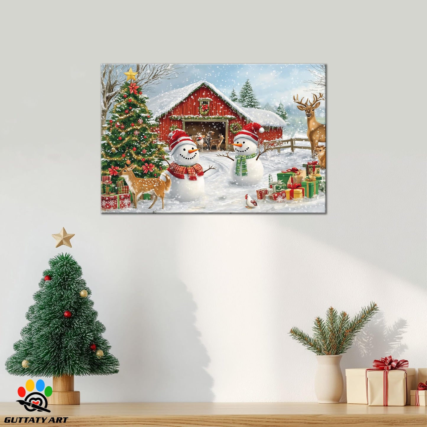 GUTTATY Christmas Canvas Wall Decor, Snowman Christmas Pictures Wall Art, Winter Farmhouse Pictures Prints, Deer Animal Pictures Posters Framed, Xmas Holiday Wall Decor for Living Room 18x24 Inch