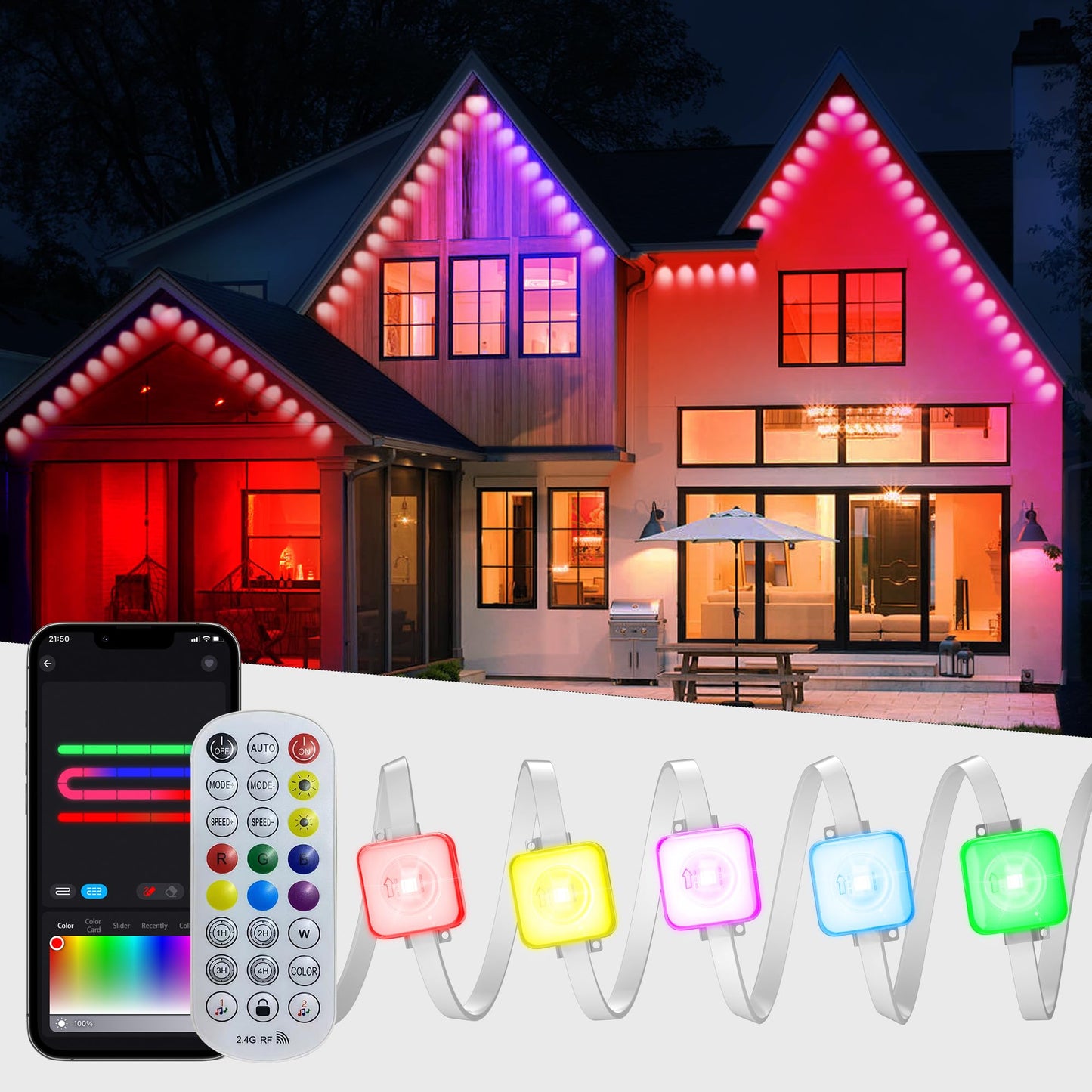 Umidkin Permanent Outdoor Lights, 100ft RGB Outdoor Christmas Lights with 72 LED Lights, IP67 Waterproof LED Eaves Lights with DIY Scene Modes for Halloween Decor, Smart APP & Remote Control