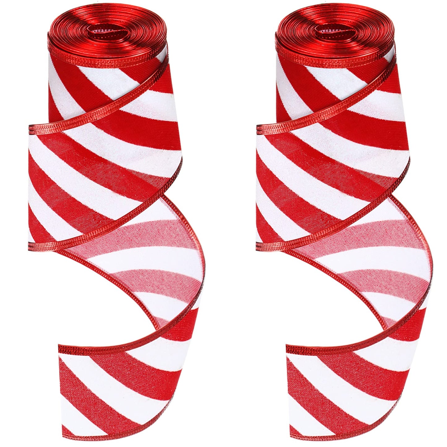 2 Rolls 2.5 Inch x 6 Yards Christmas Red and White Ribbon Christmas Candy Cane Wired Edge Ribbons DIY Craft for Xmas Tree Decorations Wreath Bows Making Gift Wrapping(Diagonal Stripes)