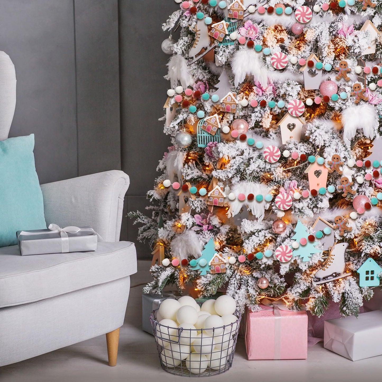Newwiee Christmas Felt Garland 3D Felt Gingerbread Garland Hanging 8.2 ft Candy Pom Ball Banner for Christmas Holiday Playroom Mantel Wall Decoration