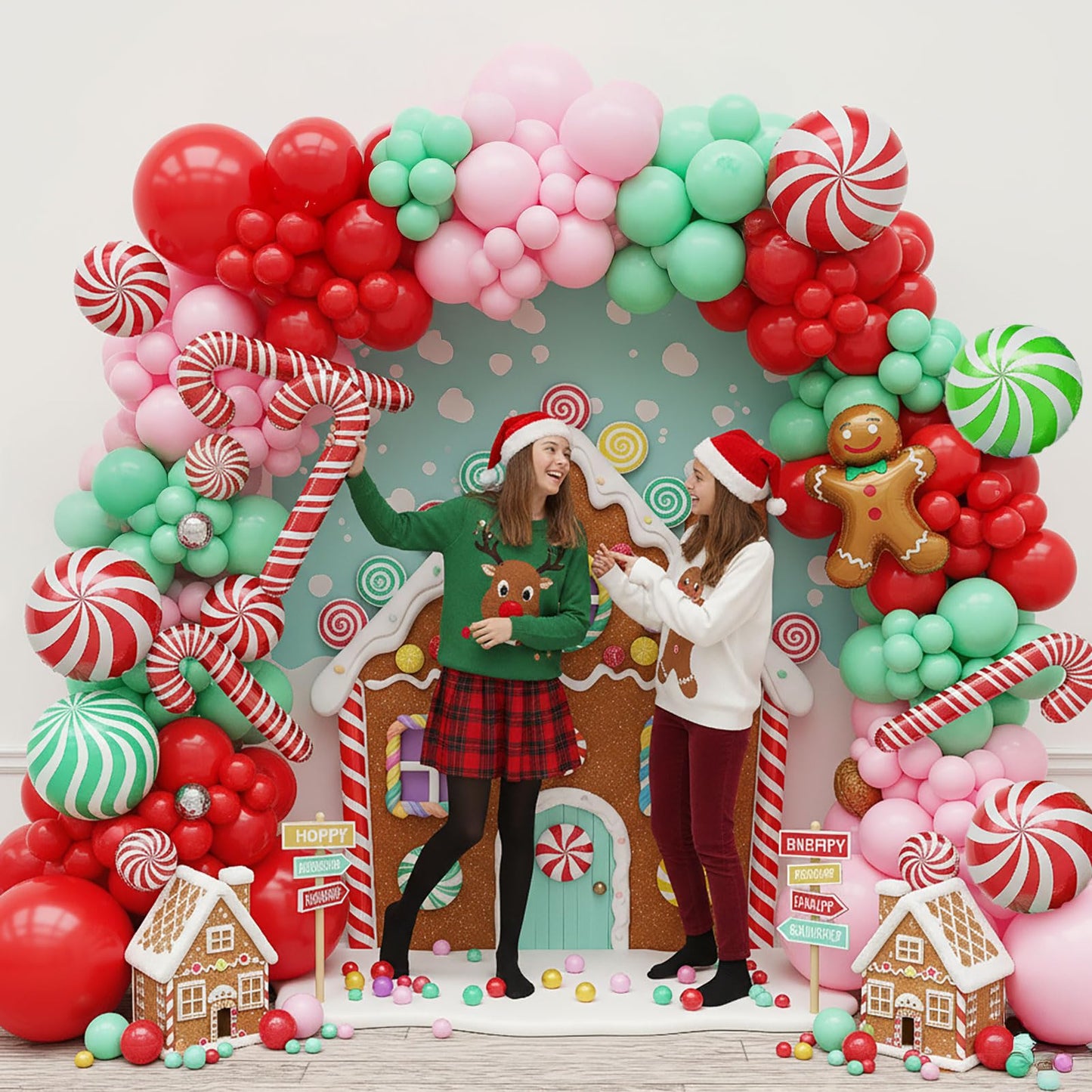 Christmas Balloon Garland Arch kit green pink red balloon with cookie Gingerbread Cane Candy Foil Balloons for friendsmas Xmas New Year Birthday Party Supplies Party Decorations globos de navidad