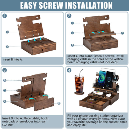 Black Wood Phone Docking Station for up to 3 Phones - Nightstand Organizer for Men & Women, Compatible with Apple Watch, Holds Phones, Tablets, Keys, Rings, Glasses, Watches, EDC & More