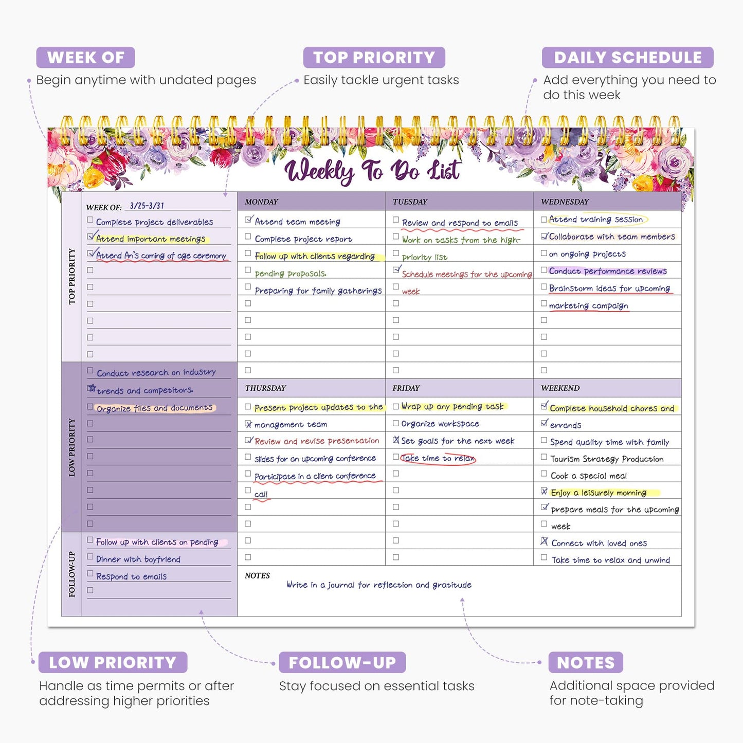 Weekly To Do List Notepad with 52 Undated Sheets（8.5"×11"）- Undated Weekly Planner Notepad for Office Desk Accessories and Supplies - Lavender Charm