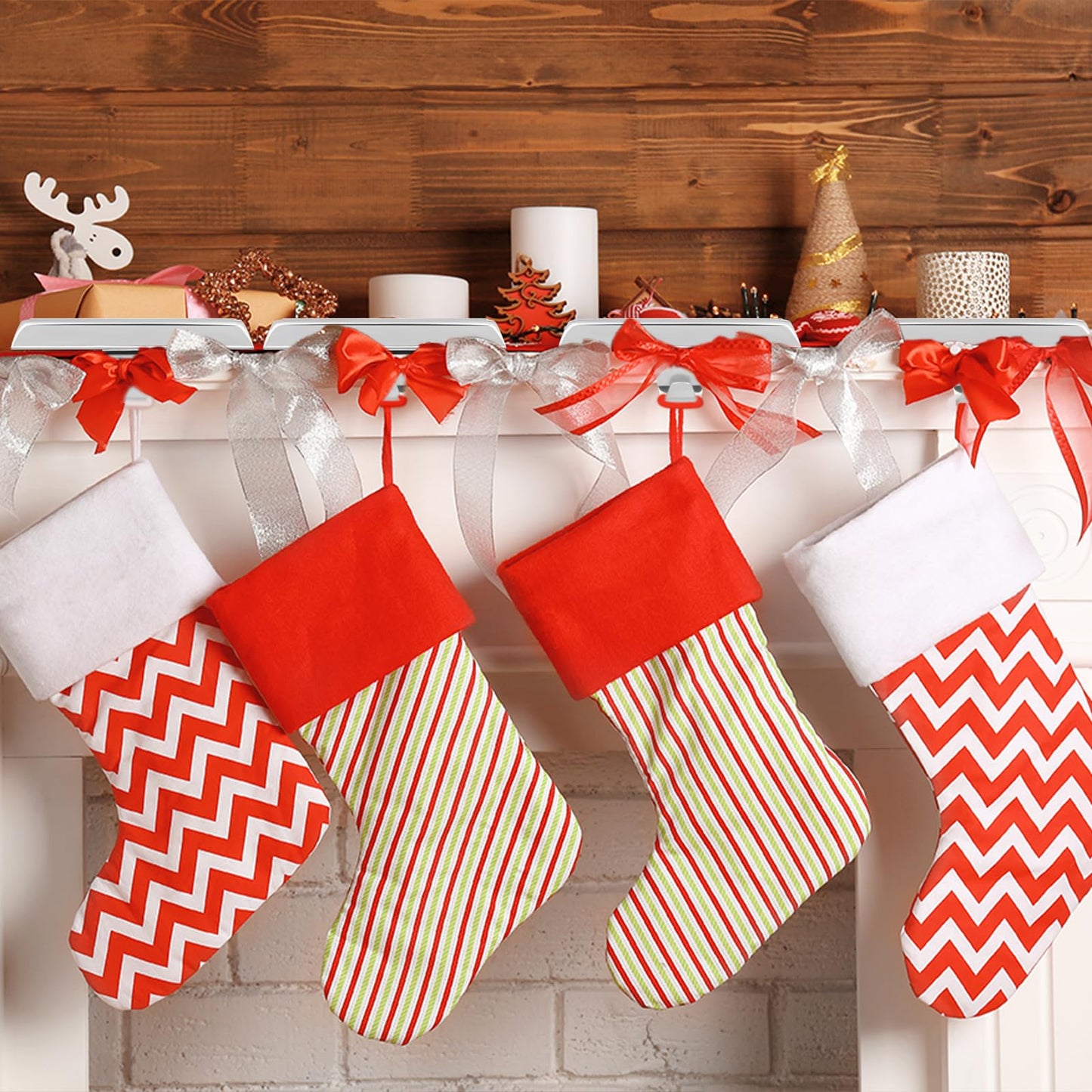 Liengoron 4PCS Christmas Stocking Holders for Mantle Stocking Hangers for Mantle Metal Fireplace Stocking Hooks with Non-Slip Base Christmas Ornaments for Christmas Holiday Party Decoration Silver