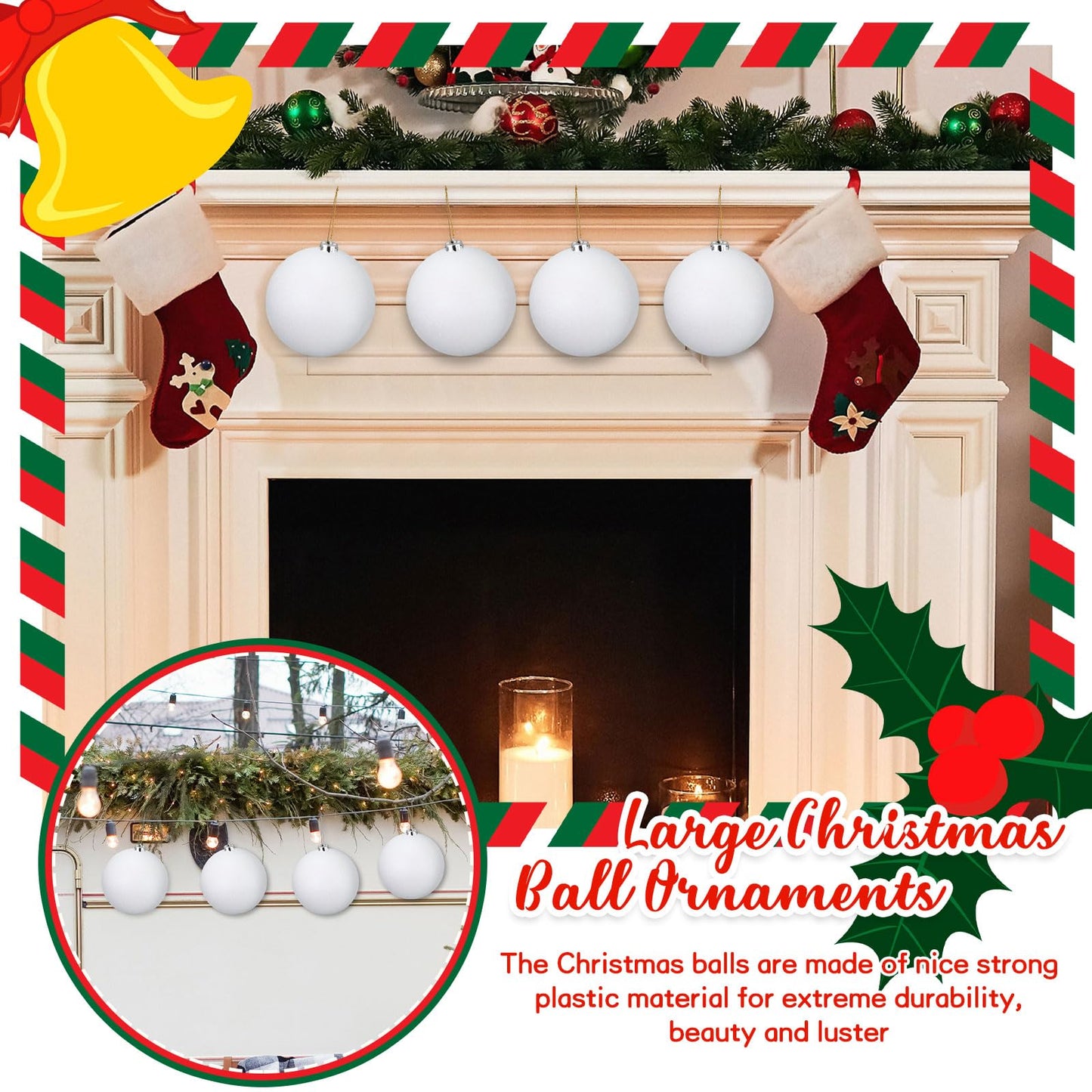 Liliful 4 Pcs Large Outdoor Christmas Ornaments Plastic Jumbo Fillable Balls Ornament Big Xmas Tree Hanging Decoration for Home Outside Holiday Lawn Yard Party (Glitter White)