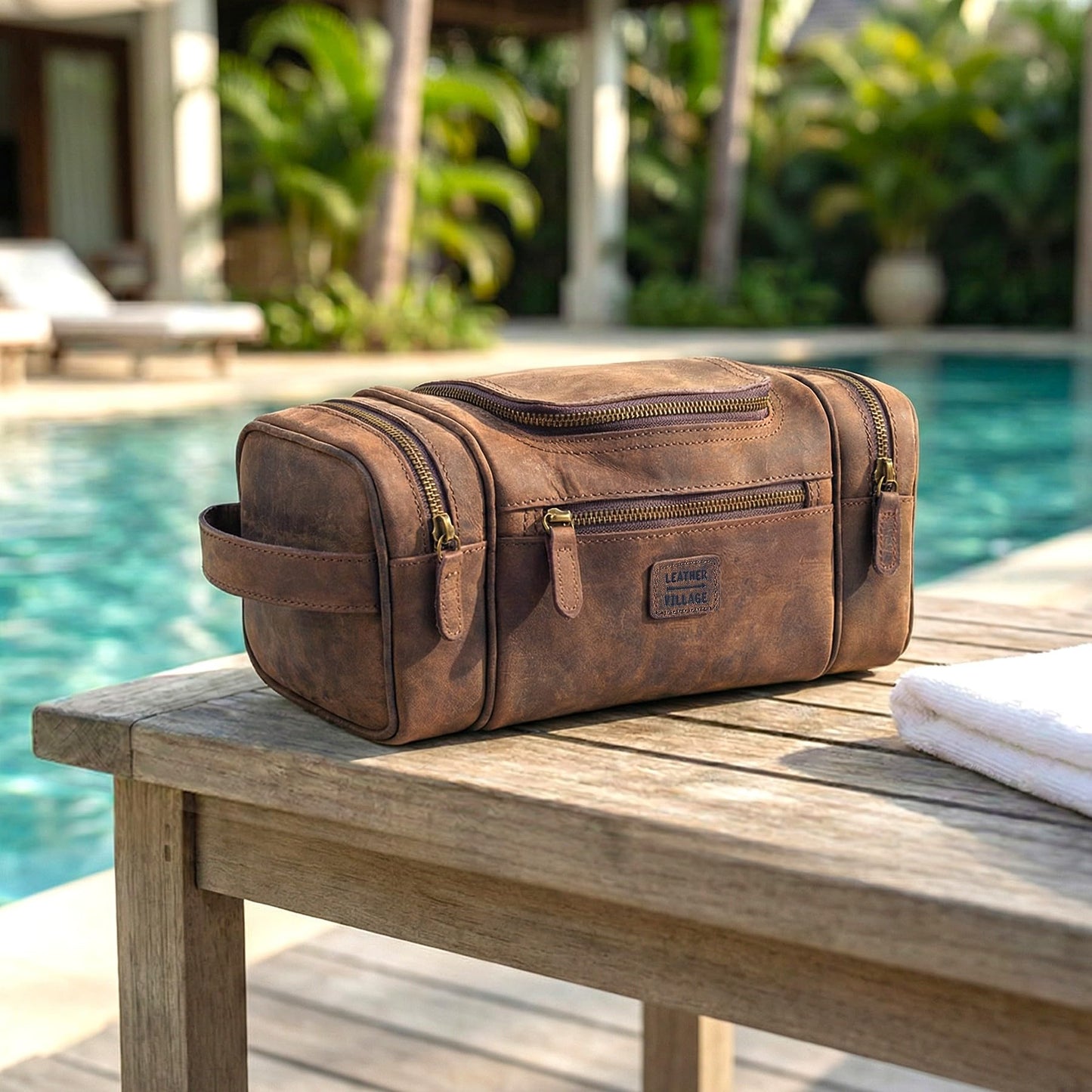 LEATHER VILLAGE Genuine Leather Travel Dopp Kit for Men & Women – Large Capacity Hanging Toiletry Bag with Water-Resistant Lining – Ideal for Travel, Grooming & Gym - Brown