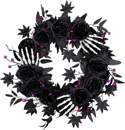 National Tree Company, 24inch Artificial Bad to The Bone Halloween Wreath, 30 Purple LED Lights,