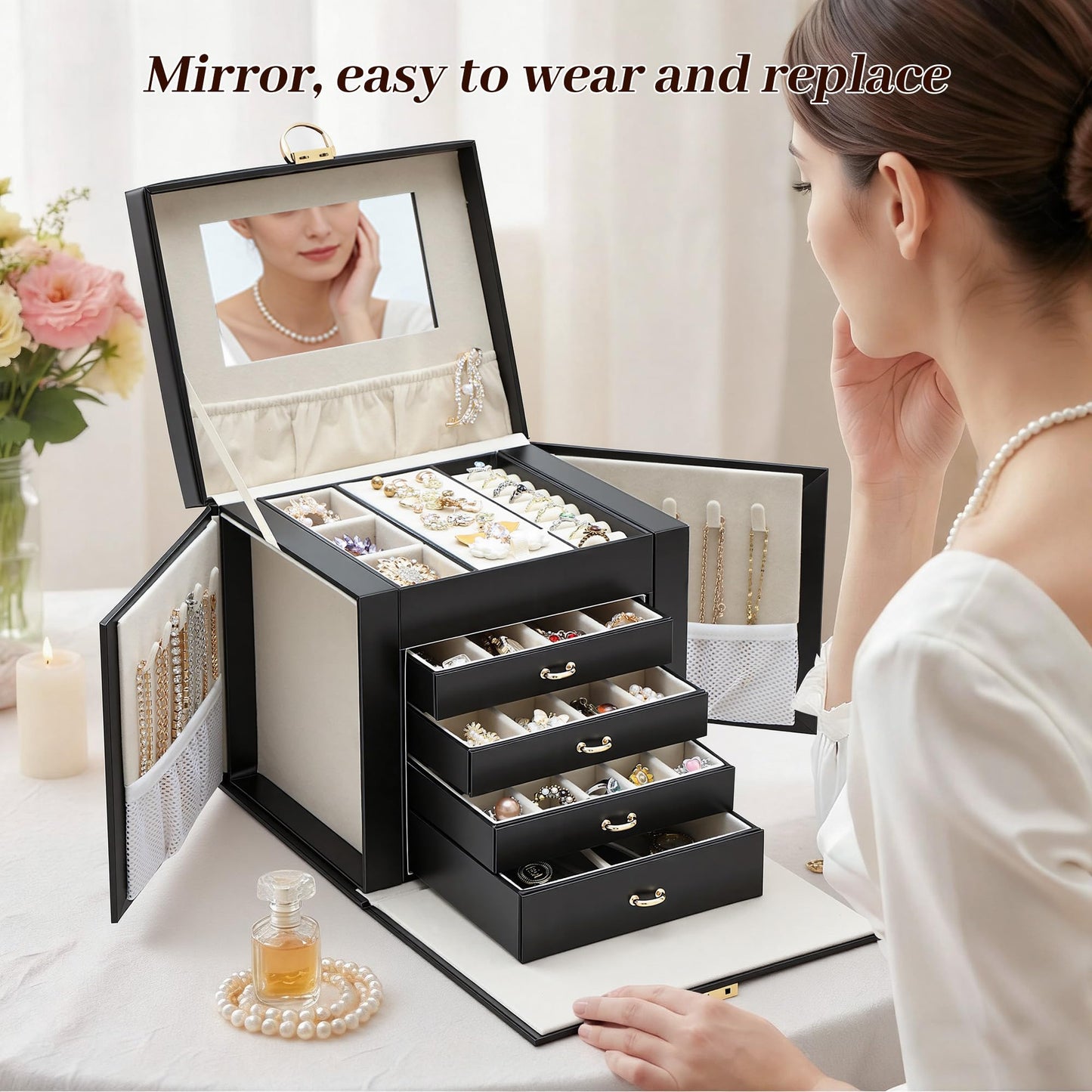 Jewelry Box for Women with Lock, 5-Layer Jewelry Organizer with Mirror & 4 Drawers, Lockable Faux Leather Storage Case for Ring Necklace Bracelet Earring, Elegant Gift for Girls Mom Girlfriend, Black