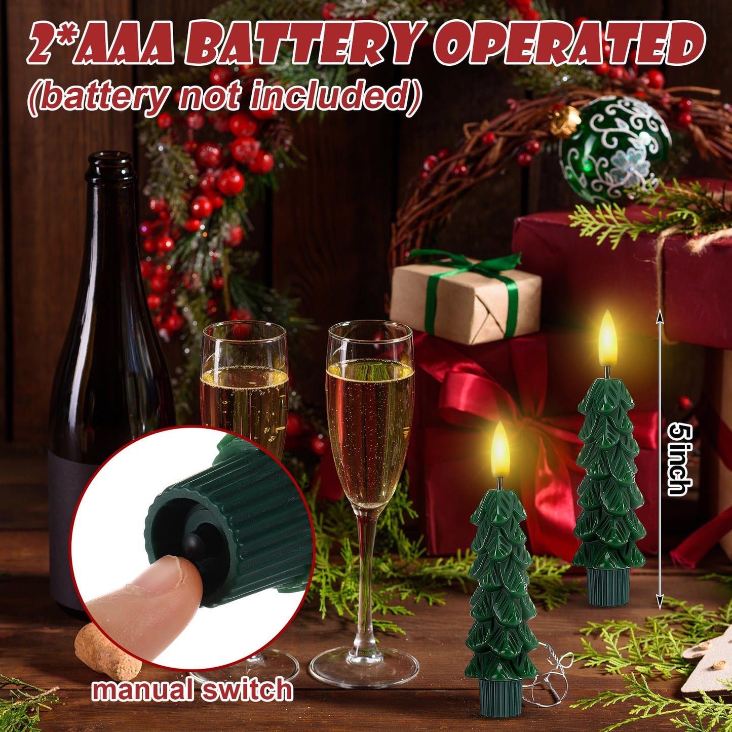 Funtery 6 Pcs Short LED Christmas Tree Flameless Taper Candles - 5 Inches Cute Small Real Wax Battery Operated Green Candlestick Lights with 3D Flame and Remote Timer for Window Fireplace