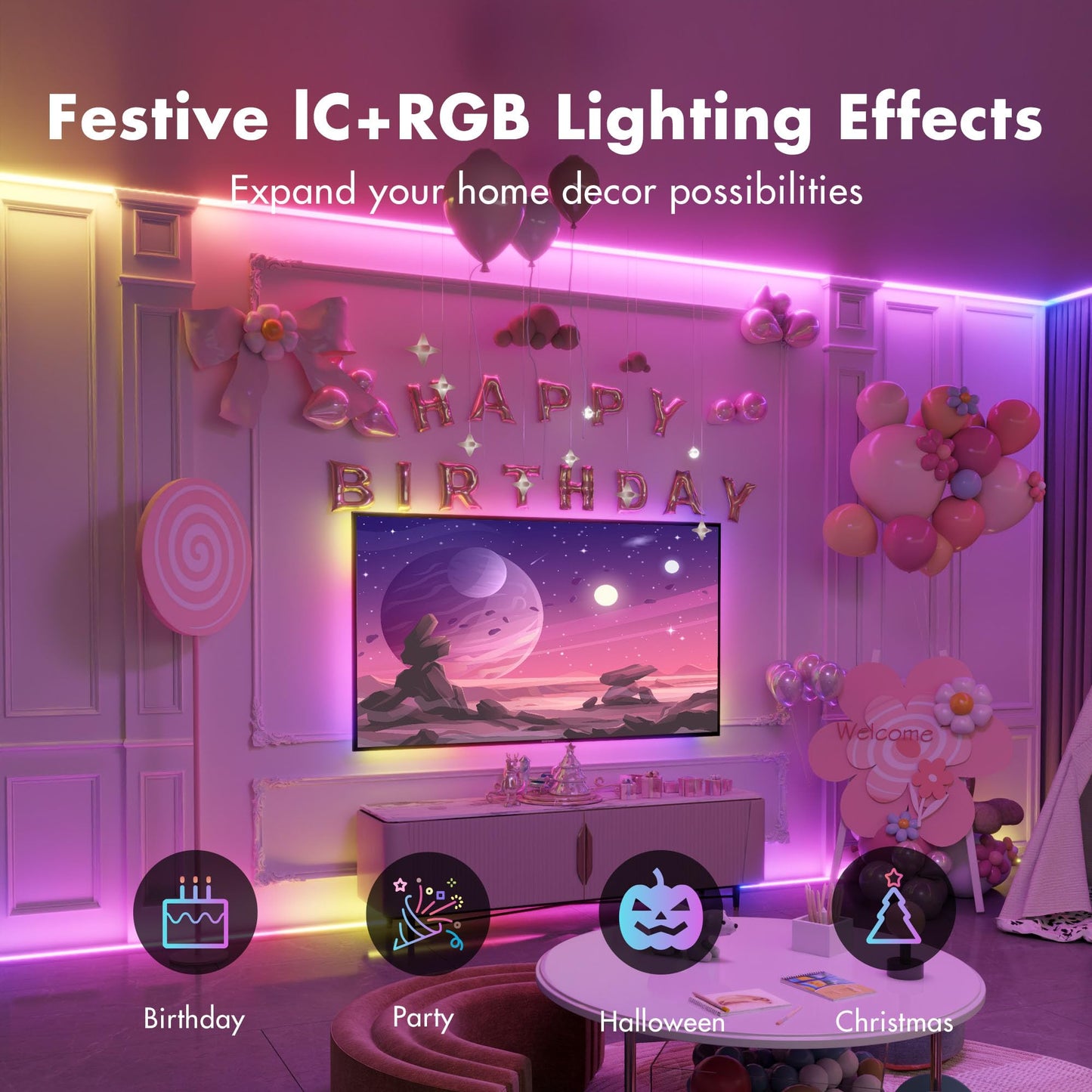 ATHONO Led Lights for Bedroom 130FT Smart IC+RGB, Music Sync Color Changing Strip Lights, 24Key Remote+App Control Light Strip for BedHead,Underbed,Ceiling,Background Wall(2Rolls of 65.6FT)