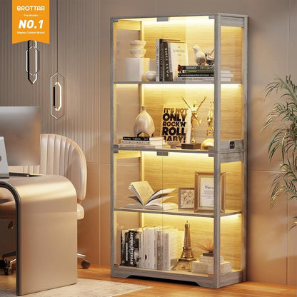 Display Cabinet - 4-Tier Curio Cabinet with Glass Doors & 3 Color Lights | Gray Storage Case for Collectibles