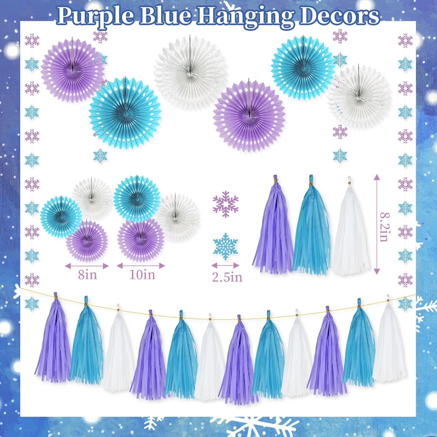 LakPty Frozen Party Decorations, Blue Purple White Snowflake Theme Birthday Decor Kit with Banner, Garlands, Cake Topper, Paper Fans, Tassels Decors for Boys Girls Winter Holiday Party Supplies