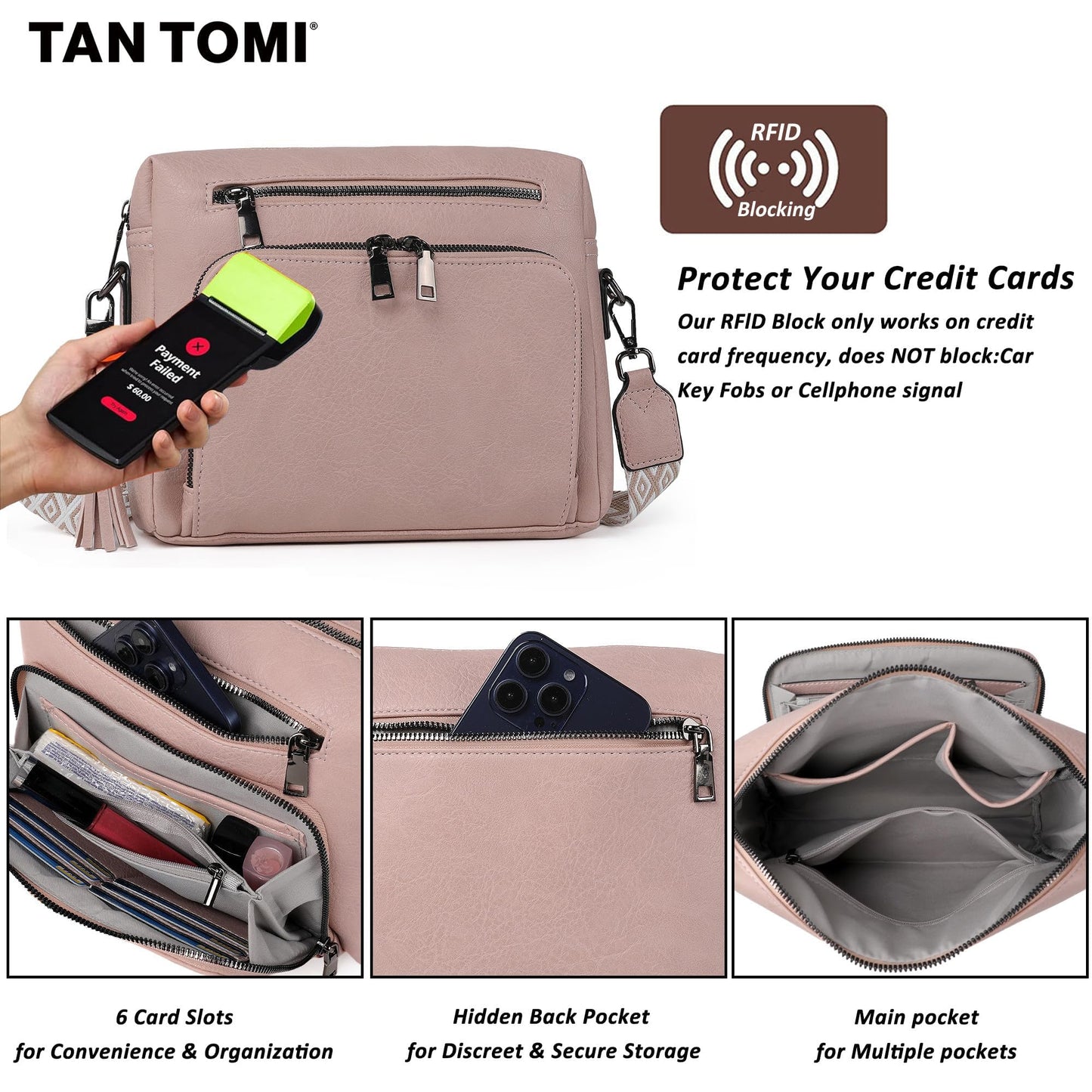 TANTOMI Crossbody Bags for Women Trendy Crossbody Purse Shoulder Handbags Vegan Leather Built in Wallet for Traver-Pink