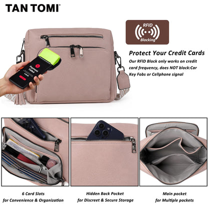 TANTOMI Crossbody Bags for Women Trendy Crossbody Purse Shoulder Handbags Vegan Leather Built in Wallet for Traver-Pink