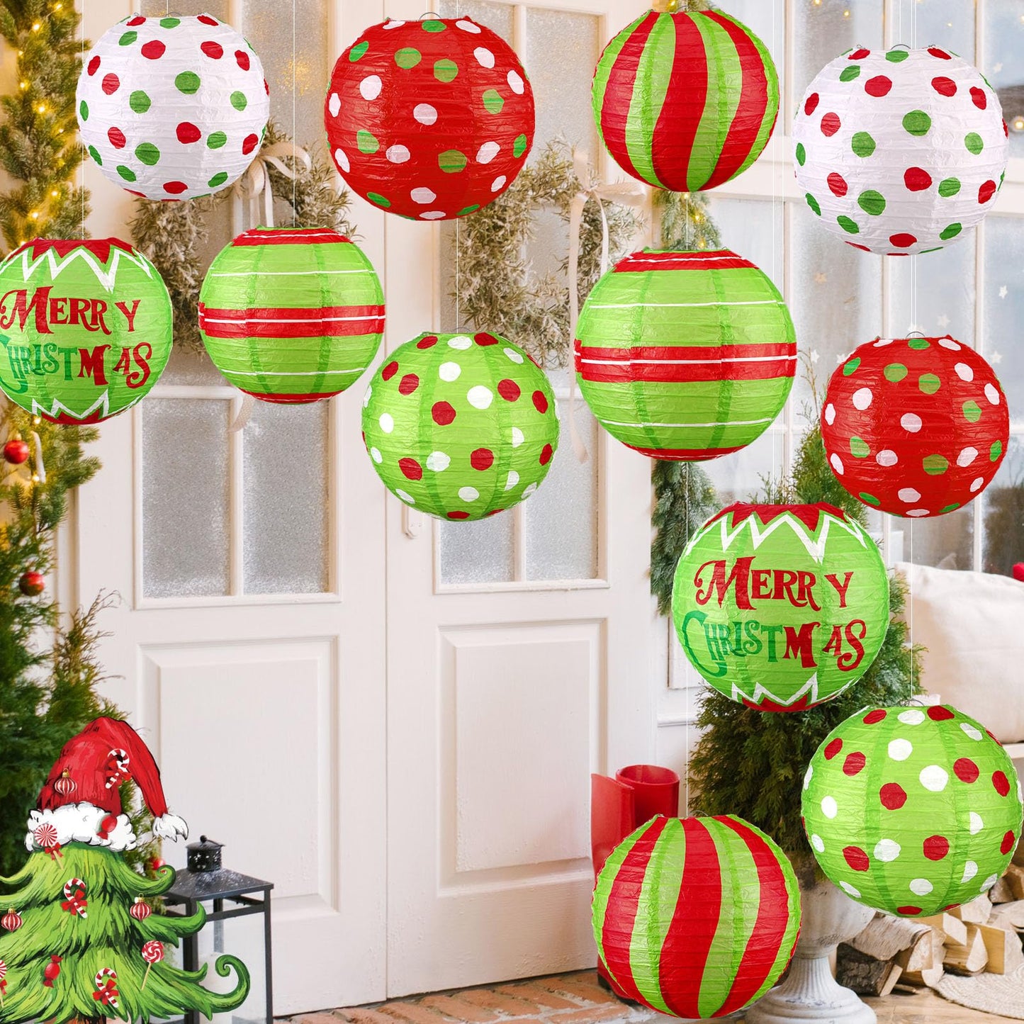 Glooglitter 18 Pcs Red Green Paper Lantern Round Christmas Paper Decorations Lime Green Hanging Balls Swirl Candy Cane Ceiling Hanging Decor for Holiday Party Xmas Home