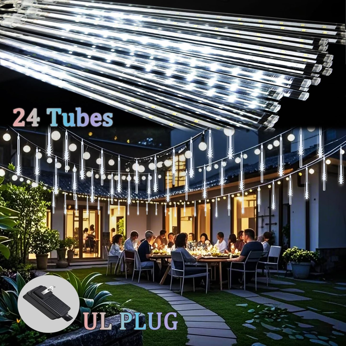 Meteor Shower Lights Outdoor Christmas Lights 24-Tube 576LEDs Snow Falling Rain Cascading Icicle String Light for Xmas Tree Christmas Decorations Wedding Party Holiday Yard Garden Decor, UL Plug White