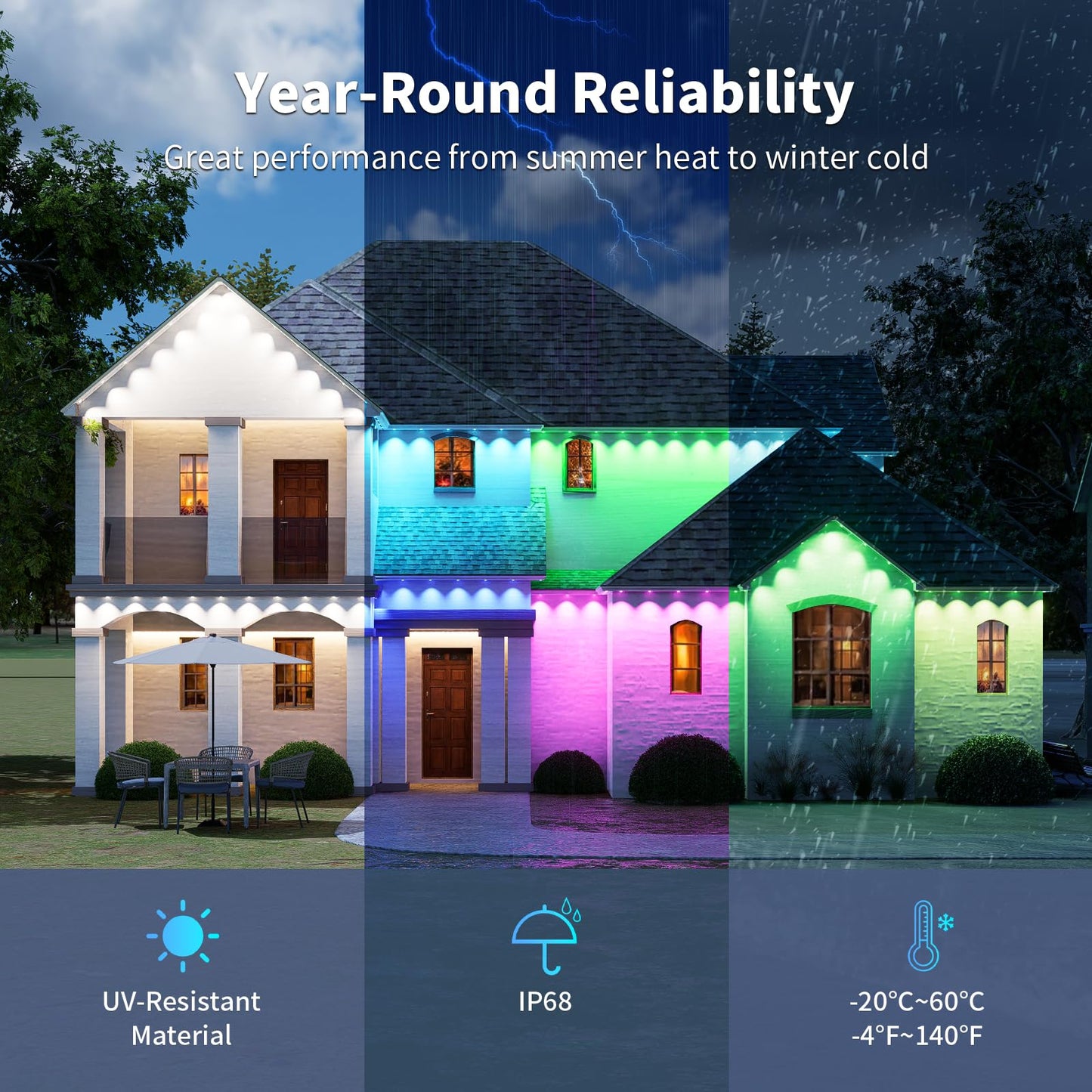 MILADALED Permanent Outdoor Lights RGB Smart IC 200FT/100LEDs Decor IP68 Waterproof Music Sync with Remote&APP Control Suitable for Holiday Decoration Christmas Lights Garden Party Decor Deck