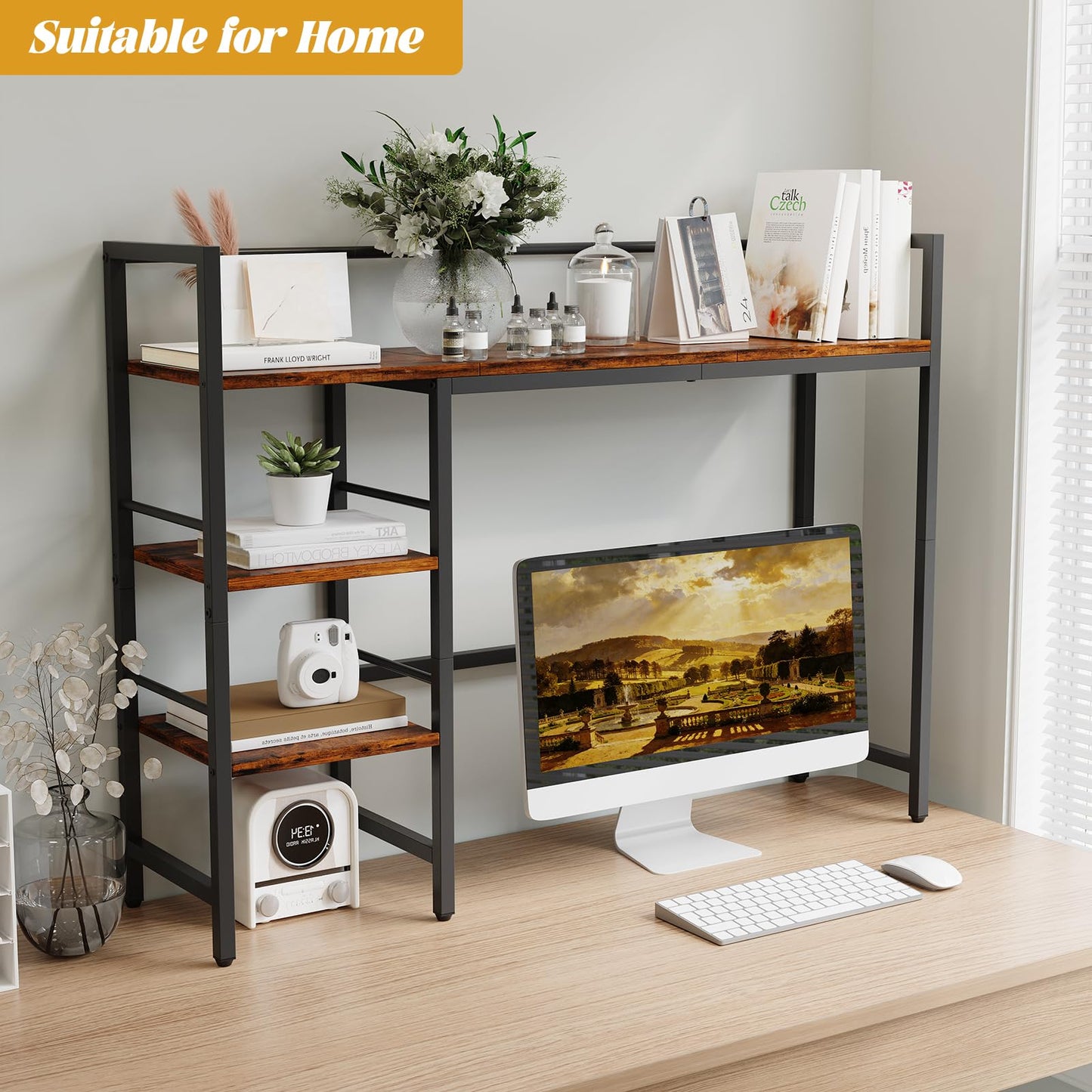 HavenlyYouth Desk Shelf, 38.6 Inch Wood Desk Organizer Shelf for Computer Monitor, Desk Hutch Storage, Desktop Shelf for Top of Desk, 3 Tier Desktop Bookshelf for Home Office Dorm, Rustic