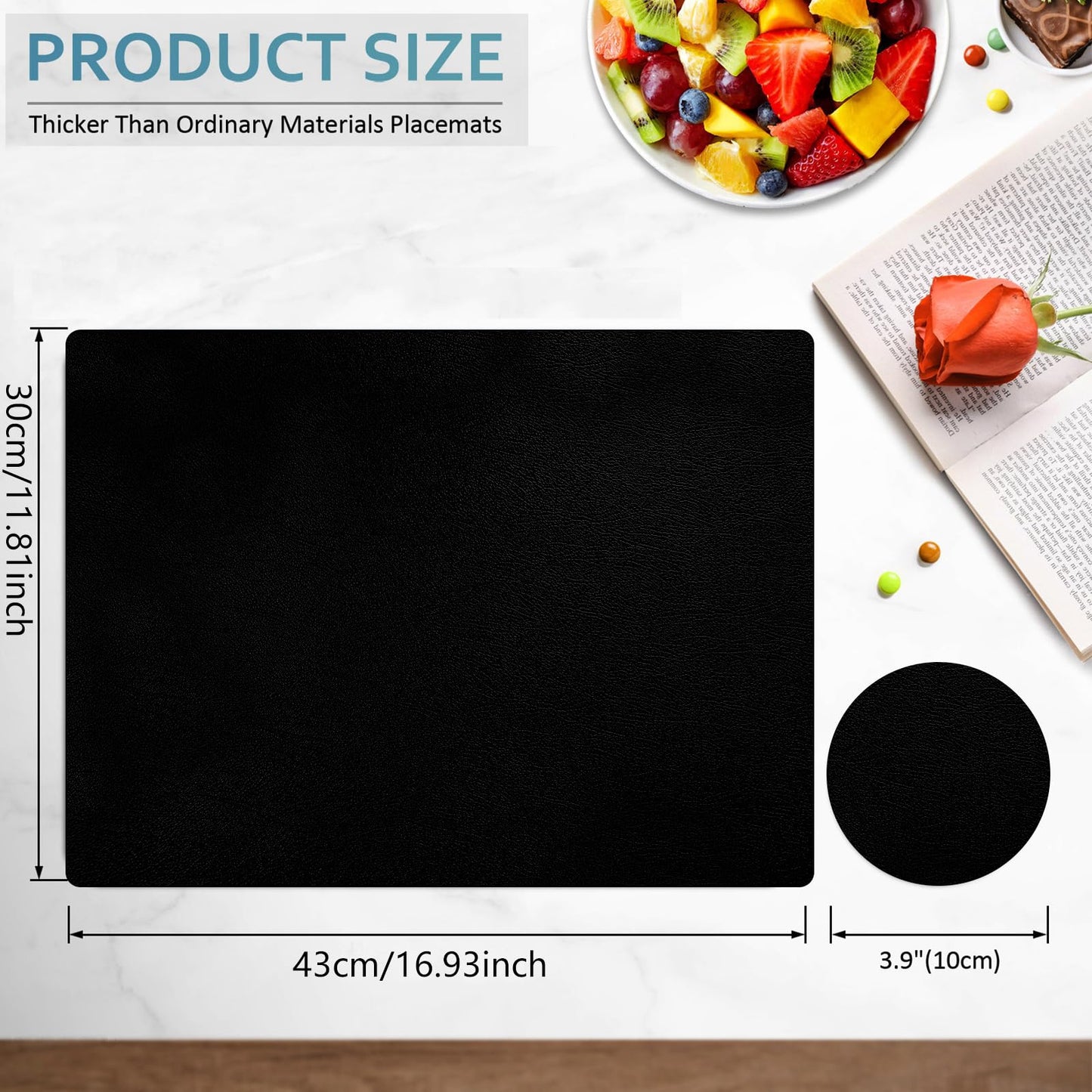 Keaixinyu Placemats and Coasters Set of 6, Waterproof、Oil-Proof Wipeable、Anti Slip PVC Leather Place Mats, Heat Resistant Reversible Table Mats for Kitchen, Dining, Outdoor 17’’×12’’, (Black)