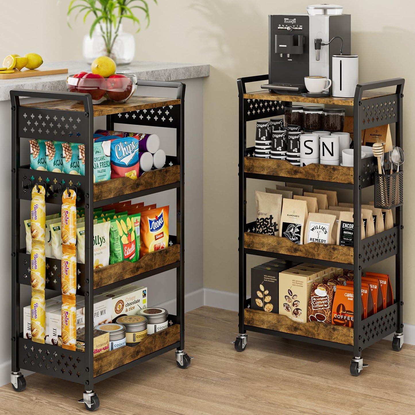 MJIMKE 4-Tier Utility Rolling Cart with Wheels - Kitchen Organizations and Storage Metal Cart, Detachable Fruits Coffee Snacks Art Craft Storage Cart for Bathroom, Pantry & Laundry, Black