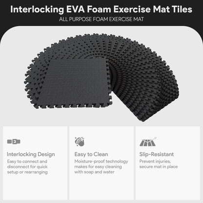 BalanceFrom Puzzle Exercise Mat 1/2" Thick, EVA Interlocking Foam Floor Tiles for Home Gym, Mat for Home Workout Equipment, Floor Padding for Kids, Black, 24 in x 24 in x 1/2 in, 144 Sq Ft - 36 Tiles