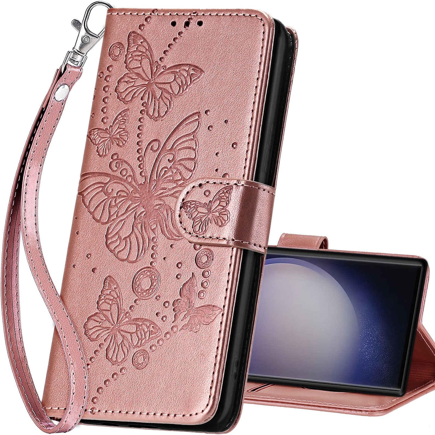 SASYMALY for Samsung Galaxy S24 Ultra Wallet case, Flip Folio Cover with Stand Feature for Women Men, PU Leather Phone Case Fit for Samsung Galaxy S24 Ultra [Rose Gold-Butterfly]