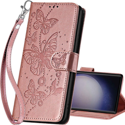 SASYMALY for Samsung Galaxy S24 Ultra Wallet case, Flip Folio Cover with Stand Feature for Women Men, PU Leather Phone Case Fit for Samsung Galaxy S24 Ultra [Rose Gold-Butterfly]
