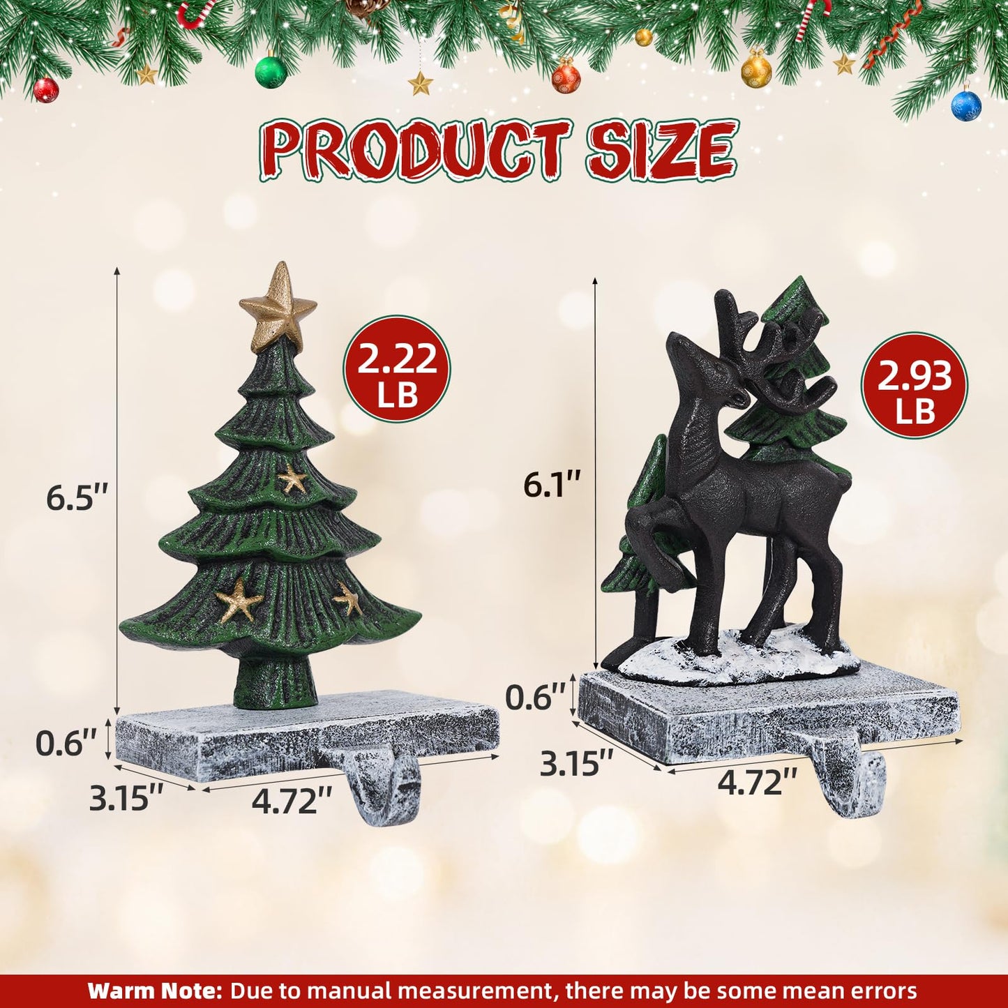 G GOOD GAIN Christmas Stocking Holders for Mantle - Set of 2 Heavy Duty Cast Iron Stocking Hangers with Non-Slip Base | Exquisite 3D Xmas Tree, Deer Mantel Hook for Fireplace Decoration Holiday Gifts