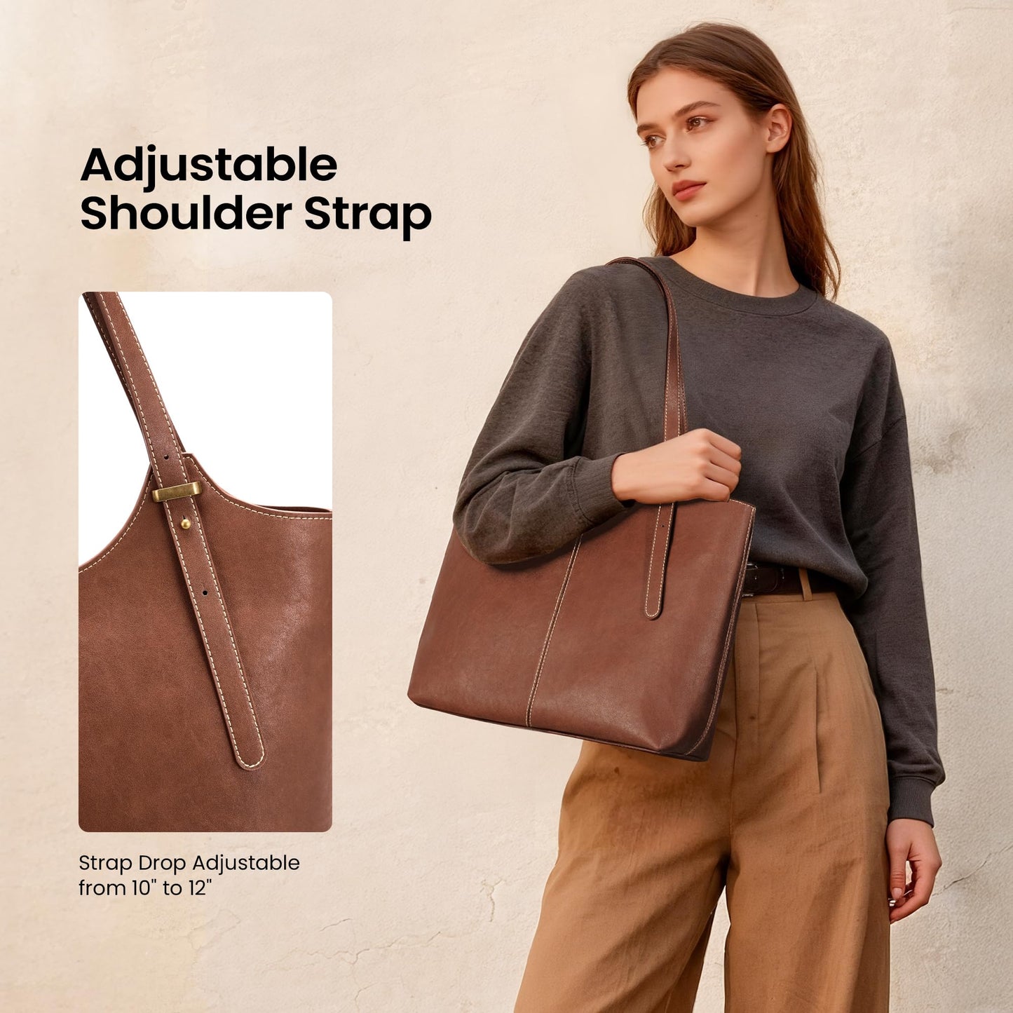 befen Genuine Leather Tote Bags for Women Work, Real Brown Leather Shoulder Handbags Zippered Satchel Purses with Adjustable Strap for Casual Shopping Travel Taupe, Brown