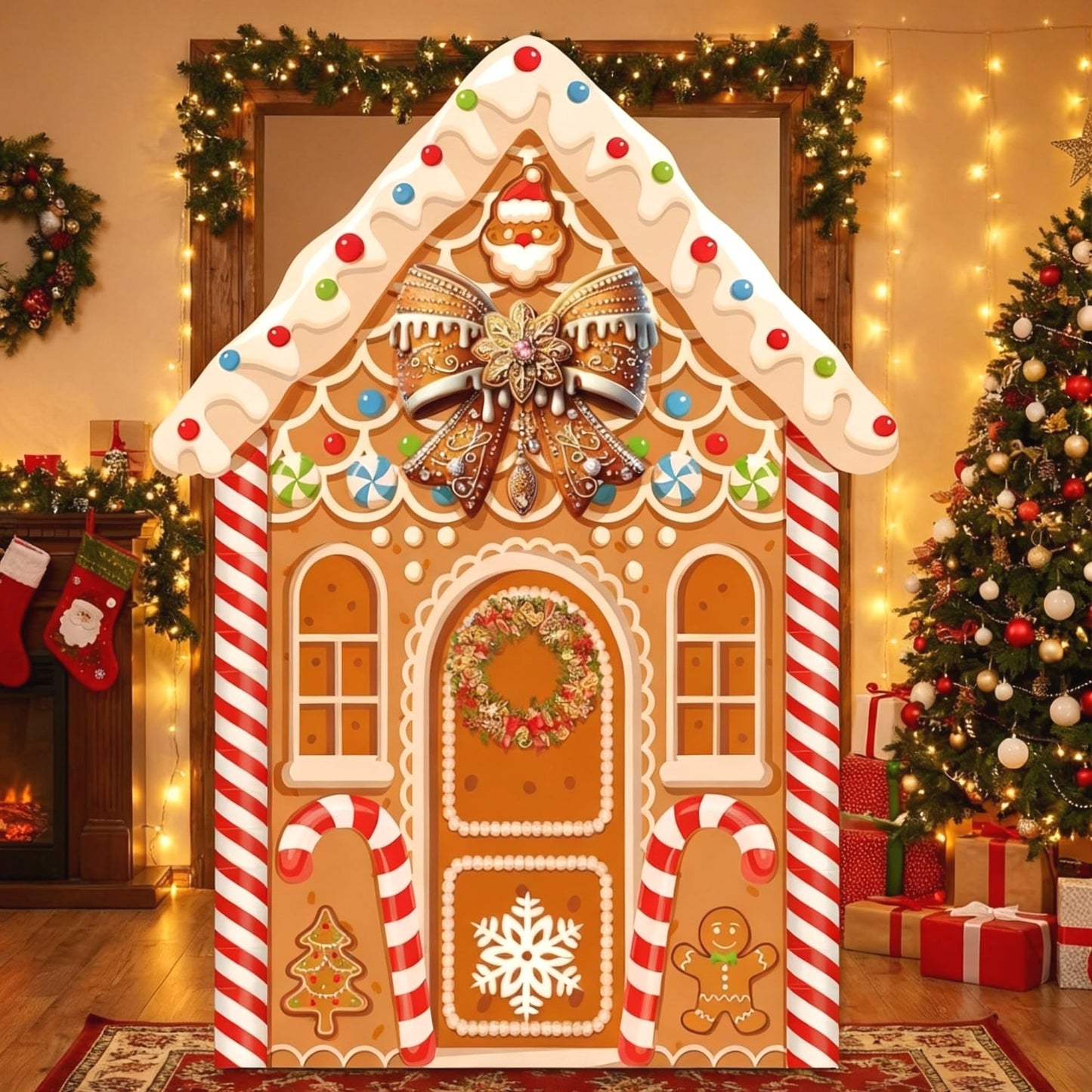 Panelee Large Christmas Gingerbread House Decorations, Gingerbread House Backdrop Photo Prop, 8 x 6 ft Fabric Xmas Candy Backdrop Decor for Holiday Party Decor
