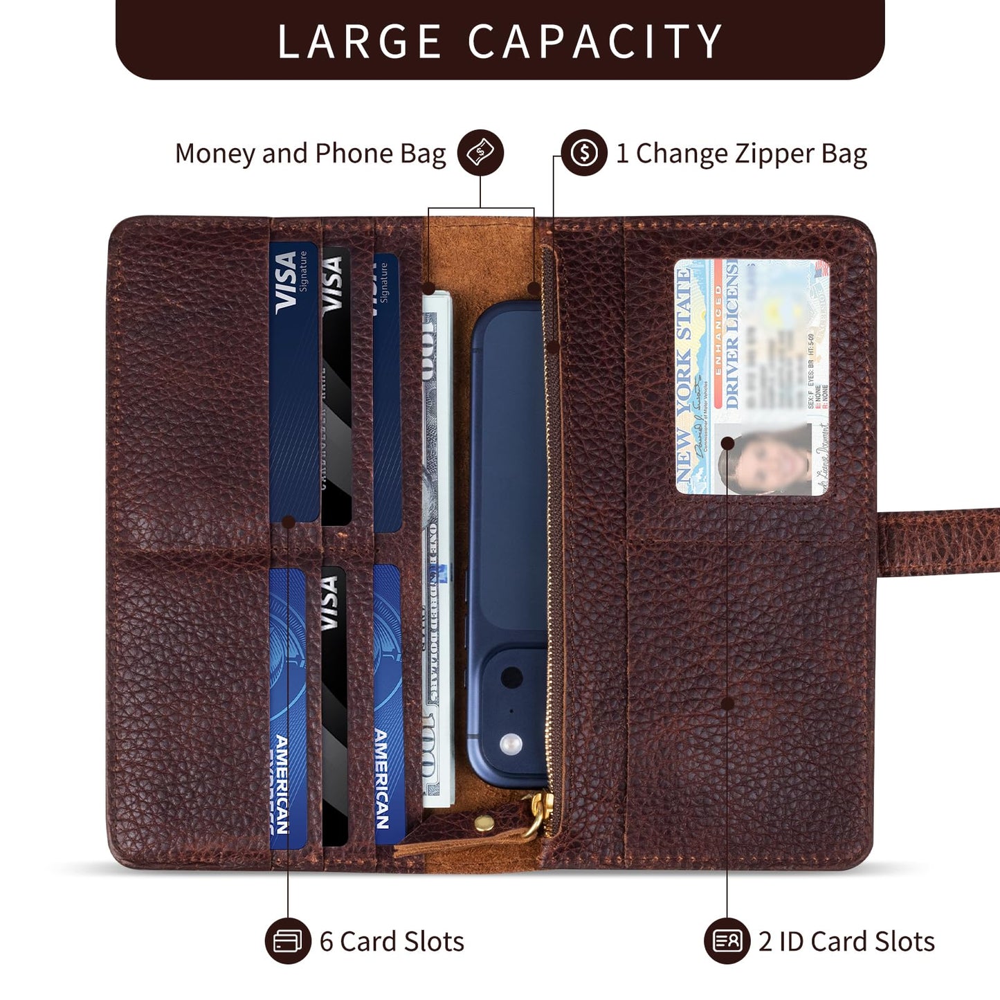 RMAWRAD genuine leather long bi-fold wallet/card holder, unisex, made of full-grain cowhide, with card slots and a coin purse, dark brown.