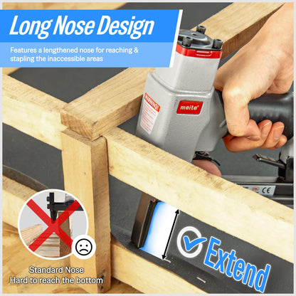 meite 7116BL Pneumatic Upholstery Stapler with Long Nose-1/4-Inch to 5/8-Inch 22 Gauge 3/8'' Crown Fine Wire Stapler