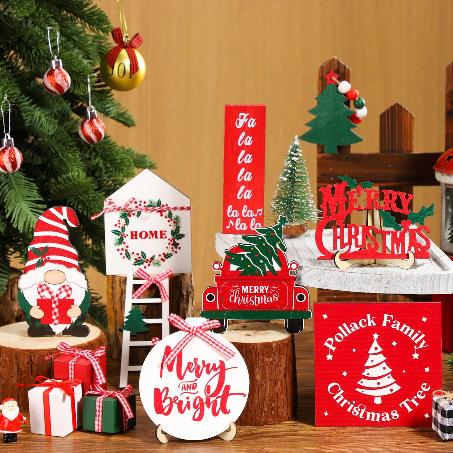 18 Pcs Christmas Tiered Tray Decor Gnome Santa Wood Sign Xmas Tree Table Centerpiece Farmhouse Rustic Table Decor for Winter New Year Home Tabletop