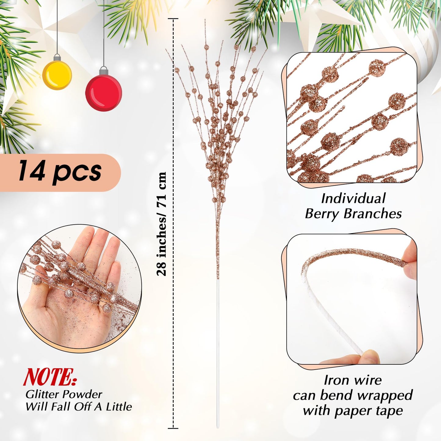 Geosar 14 Pcs Long Artificial Glitter Berry Stem Ornaments 28 Inch Christmas Picks Christmas Tree Decoration Stems Xmas Decorative Bead Sticks Glittery Twig Branches for DIY Wreath Decor(Rose Gold)