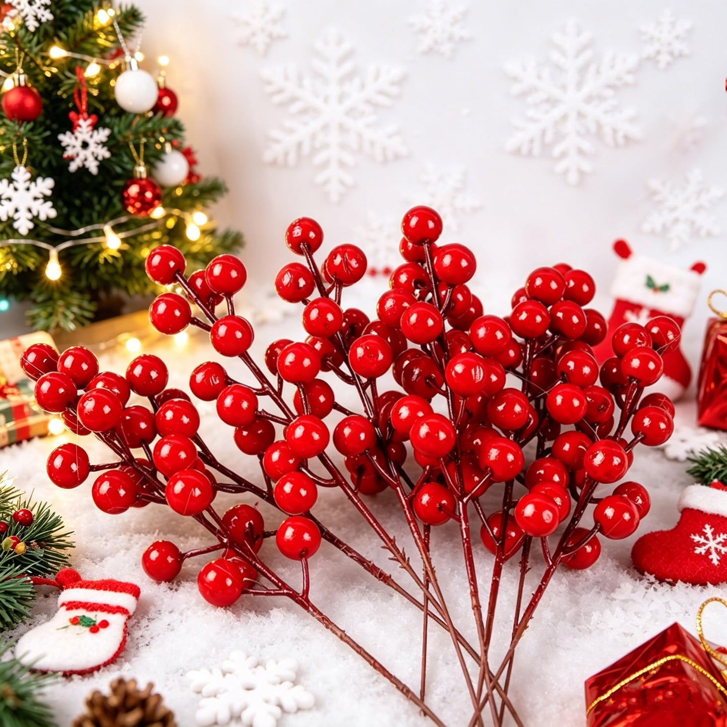 winemana 24 Pack 8 Inch Christmas Faux Picks Winter Berry Sprigs, Artificial Red Berries Stems Ornaments for Christmas Tree DIY Crafts Wreath Garland Decor